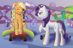 Size: 8000x5250 | Tagged: safe, artist:t.f.a.n.c.s., applejack, rarity, earth pony, pony, unicorn, g4, absurd resolution, butt, chair, clothes, comb, dress, female, forced makeover, hilarious in hindsight, lesbian, lipstick, magic, makeover, mare, one eye closed, plot, raised hoof, ship:rarijack, shipping, stockings, telekinesis, thigh highs, tied up