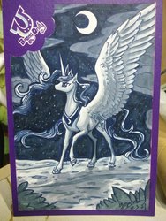 Size: 1024x1365 | Tagged: safe, artist:begasus, princess luna, alicorn, pony, g4, cloud, crescent moon, crown, female, jewelry, large wings, mare, moon, night, raised hoof, regalia, solo, starry night, stars, traditional art, transparent moon, wings