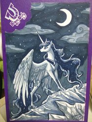 Size: 1024x1365 | Tagged: safe, artist:begasus, princess luna, alicorn, pony, g4, cloud, crescent moon, crown, female, jewelry, large wings, mare, moon, night, regalia, signature, solo, starry night, stars, traditional art, transparent moon, wings