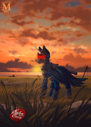Size: 1010x1400 | Tagged: safe, artist:margony, oc, oc only, oc:daniel evans, pony, unicorn, fallout equestria, clothes, cloud, commission, fallout equestria: parallelism, grass, gun, helmet, rear view, scenery, solo, sunset, visor, water, weapon