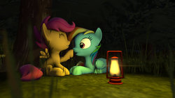 Size: 1024x576 | Tagged: safe, artist:dirtyker, rainbow dash, scootaloo, pony, g4, 3d, boop, lamp, prone