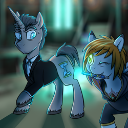 Size: 1440x1440 | Tagged: safe, artist:deyogee, doctor whooves, time turner, oc, oc:valesti, pony, g4, clothes, crossover, doctor who, one eye closed, ponified, sonic screwdriver, tardis, tardis console room, tardis control room, the doctor, twelfth doctor, unshorn fetlocks, wink