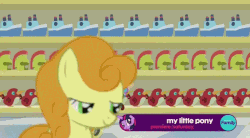 Size: 843x467 | Tagged: safe, screencap, carrot top, cherry berry, golden harvest, princess flurry heart, earth pony, pegasus, pony, a flurry of emotions, g4, animated, animation error, cute, eyes closed, female, flurrybetes, foal, frown, gif, looking back, magic, mare, open mouth, race swap, shopping cart, smiling, supermarket, telekinesis, wheeeee