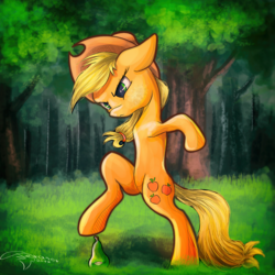 Size: 1200x1200 | Tagged: safe, artist:ferasor, applejack, earth pony, pony, g4, bipedal, biting pear of salamanca, cowboy hat, crushing, female, food, forest, hat, mare, pear, signature, solo, stetson, unamused