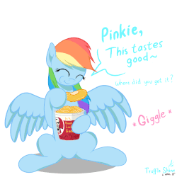 Size: 1000x1000 | Tagged: safe, artist:truffle shine, rainbow dash, pegasus, pony, g4, animated, april fools, chicken meat, ear flick, eating, eyes closed, female, food, fridge horror, fried chicken, gif, implied cannibalism, implied pinkamena, implied pinkie pie, implied scootabuse, implied scootachicken, implied scootaloo, kfc, meat, offscreen character, ponies eating meat, ponies eating poultry, prank, signature, simple background, sitting, the implications are horrible, we are going to hell, white background, wings