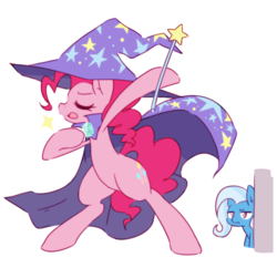 Size: 2387x2307 | Tagged: safe, artist:akainu_pony, pinkie pie, trixie, pony, unicorn, g4, accessory swap, cape, clothes, female, hat, high res, mare, simple background, the great and powerful, trixie is not amused, trixie's cape, trixie's hat, wand, white background