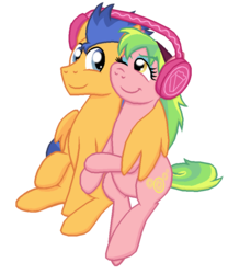 Size: 725x870 | Tagged: safe, artist:crazynutbob, flash sentry, lemon zest, earth pony, pegasus, pony, equestria girls, g4, blue eyes, blue mane, blue tail, cheek to cheek, crack shipping, duo, ears touching, equestria girls ponified, eyeshadow, female, green mane, green tail, headband, headphones, heads together, hug, lemonzentry, listen, listening, listening to music, looking at each other, looking at someone, makeup, male, multicolored mane, multicolored tail, music, ponified, share, sharing, sharing headphones, shipping, smiling, smiling at each other, straight, tail, winghug, wings, yellow eyes