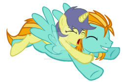 Size: 1024x682 | Tagged: dead source, safe, artist:luluflaire, comet tail, lightning dust, pegasus, pony, unicorn, g4, cometdust, crack shipping, duo, female, flying, lightning powder, male, ponies riding ponies, powdertail, riding, rule 63, shipping, simple background, stallion, starlight twinkle, straight, watermark