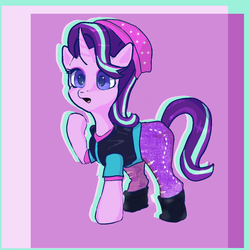 Size: 1000x1000 | Tagged: safe, artist:violaconcert, derpibooru exclusive, starlight glimmer, pony, unicorn, g4, beanie, clothes, equestria girls outfit, female, hat, mare, open mouth, raised hoof, solo