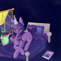 Size: 2834x2834 | Tagged: safe, artist:11elevenlucky, twilight sparkle, alicorn, pony, g4, bed, book, female, glowing horn, high res, horn, mare, prone, reading, solo, twilight sparkle (alicorn)