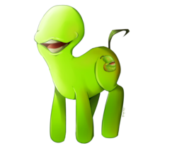 Size: 1200x990 | Tagged: safe, artist:skyeypony, pony, biting pear of salamanca, open mouth, ponified, signature, simple background, smiling, solo, transparent background, wat