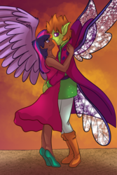 Size: 1200x1800 | Tagged: safe, artist:percy-mcmurphy, thorax, twilight sparkle, alicorn, changedling, changeling, human, g4, clothes, couple, crack shipping, dark skin, dress, elf ears, female, hug, humanized, king thorax, looking at each other, male, shipping, straight, twilight sparkle (alicorn), twirax, winged humanization, wings