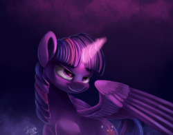 Size: 1463x1148 | Tagged: safe, artist:insanerobocat, twilight sparkle, alicorn, pony, g4, female, glowing horn, grin, horn, magic, mare, smiling, solo, this will end in death, twilight sparkle (alicorn)