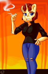 Size: 1087x1678 | Tagged: safe, artist:passigcamel, oc, oc only, anthro, anthro oc, blue eyes, breasts, cigarette, clothes, female, hand on hip, looking at you, mare, pants, shirt, smiling, smoking, solo