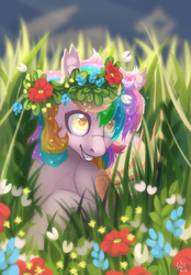 Size: 1543x2220 | Tagged: safe, artist:spirit-alu, oc, oc only, oc:paper stars, bat pony, pony, cute, cute little fangs, ear fluff, fangs, floral head wreath, flower, grass, smiling