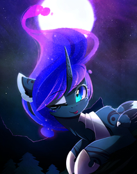 Size: 1982x2520 | Tagged: safe, artist:magnaluna, princess luna, alicorn, pony, g4, :p, cheek fluff, curved horn, cute, ear fluff, female, floppy ears, galaxy mane, horn, leg fluff, looking at you, lunabetes, mare, moon, neck fluff, night, one eye closed, solo, tongue out, tree, wink