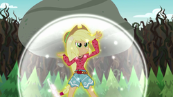 Size: 1280x720 | Tagged: safe, screencap, applejack, equestria girls, g4, my little pony equestria girls: legend of everfree, armpits, boho, boulder, camp fashion show outfit, clothes, female, freckles, hat, lifting, ponied up, scenery, shorts, solo, stronk, super strength, transformation, tree