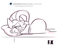 Size: 1280x1021 | Tagged: safe, artist:fluttershythekind, fluttershy, g4, blanket burrito, cute, eyes closed, female, happy, hug, lineart, pillow, shyabetes, sketch, smiling, snuggling, solo, teddy bear