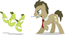 Size: 1024x554 | Tagged: safe, artist:mlp-trailgrazer, doctor whooves, time turner, earth pony, pony, g4, biting pear of salamanca, doctor who, doctor whooves is not amused, food, male, necktie, pear, simple background, sonic screwdriver, stallion, that pony sure does hate pears, the doctor, transparent background, vector