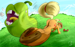 Size: 1700x1080 | Tagged: safe, artist:phuocthiencreation, applejack, earth pony, pony, g4, action pose, angry, apple, applebucking, applebutt, biting pear of salamanca, butt, cowboy hat, cross-popping veins, female, food, frog (hoof), grass field, hat, horseshoes, kick, living object, lolwut, mare, open mouth, pear, perspective, plot, protecting, scenery, stetson, teeth, that pony sure does hate pears, tongue out, underhoof