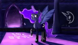 Size: 1200x690 | Tagged: safe, artist:fightereln, oc, oc only, oc:nocturnia, alicorn, bat pony, pony, alicorn oc, castle, glowing, night, ruins