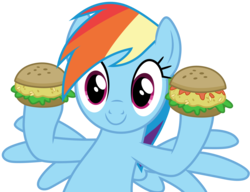 Size: 3912x3001 | Tagged: safe, artist:cloudy glow, rainbow dash, pegasus, pony, g4, trade ya!, .ai available, burger, cute, female, food, hamburger, high res, mare, oat burger, oats, simple background, smiling, solo, spread wings, transparent background, vector, wings