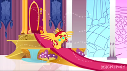 Size: 1136x640 | Tagged: safe, artist:beavernator, artist:magpie-pony, sunset shimmer, alicorn, pony, g4, alicornified, baby, babyset shimmer, big crown thingy, cute, female, jewelry, race swap, regalia, shimmerbetes, shimmercorn, solo, throne room