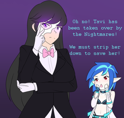 Size: 1280x1226 | Tagged: safe, artist:jonfawkes, dj pon-3, octavia melody, vinyl scratch, human, series:nightmare war, g4, belly button, bowtie, clothes, corrupted, duo, evil, gloves, humanized, implied lesbian, implied scratchtavia, implied shipping, looking at you, mask, midriff, phantom of the opera, porn logic, possessed