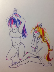 Size: 960x1280 | Tagged: safe, artist:theorderofalisikus, sci-twi, sunset shimmer, twilight sparkle, equestria girls, g4, adorasexy, armpits, arms in the air, belly button, blushing, bra, clothes, crop top bra, cute, female, hands in the air, lesbian, looking at each other, panties, pony ears, sexy, shimmerbetes, ship:sci-twishimmer, ship:sunsetsparkle, shipping, stomach, traditional art, twiabetes, underwear
