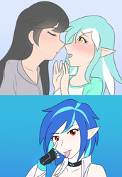 Size: 949x1382 | Tagged: safe, artist:jonfawkes, dj pon-3, lyra heartstrings, octavia melody, vinyl scratch, human, g4, choker, clothes, elf ears, female, humanized, imminent kissing, lesbian, looking at you, ship:octyra, shipping, simple background, tongue out