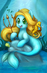 Size: 800x1235 | Tagged: safe, artist:pingwinowa, oc, oc only, oc:bubble, merpony, seahorse, hoof hold, looking at you, open mouth, rock, trident, underwater