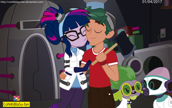 Size: 3718x2356 | Tagged: safe, artist:conikiblasu-fan, sci-twi, spike, spike the regular dog, timber spruce, twilight sparkle, dog, robot, eqg summertime shorts, equestria girls, g4, mad twience, axe, clothes, cute, eyes closed, female, high res, male, robot dog, shipping, straight, timbertwi, weapon