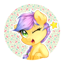 Size: 1181x1181 | Tagged: safe, artist:agletka, oc, oc only, oc:candy floss, pony, badge, chibi, one eye closed, solo, wink