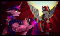 Size: 4000x2400 | Tagged: safe, artist:das_leben, rainbow dash, twilight sparkle, alicorn, pegasus, pony, the count of monte rainbow, g4, alternate hairstyle, colored pupils, crossover, duo, female, high res, looking back, mare, monsparkle, rainbow dantes, raised hoof, smiling, spread wings, surprised, the count of monte cristo, twilight sparkle (alicorn), wings