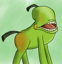 Size: 1042x1080 | Tagged: safe, artist:monmonstar, pony, biting pear of salamanca, crossover, deviantart, food, fruit, not salmon, pear, ponified, solo, wat