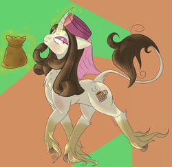 Size: 2803x2719 | Tagged: safe, artist:epicenehs, oc, oc only, oc:heavenly auroma, classical unicorn, pony, unicorn, abstract background, cloven hooves, high res, horn, leonine tail, magic, sack, solo, unshorn fetlocks