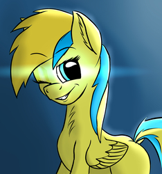 Size: 1321x1414 | Tagged: safe, artist:monmonstar, oc, oc only, oc:fizzie, pegasus, pony, bedroom eyes, cute, fluffy, lens flare, one eye closed, solo, wink, yellow