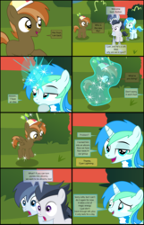 Size: 4501x7000 | Tagged: safe, artist:cyanlightning, button mash, rumble, shady daze, oc, oc:cyan lightning, alicorn, earth pony, pegasus, pony, comic:cyan's adventure, g4, .svg available, absurd resolution, alicornified, buttoncorn, clothes, colt, comic, fourth wall, hat, looking at you, magic, male, race swap, scarf, transformation, vector