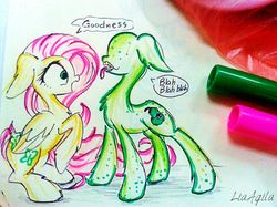 Size: 1280x959 | Tagged: safe, artist:liaaqila, fluttershy, pony, g4, biting pear of salamanca, duo, floppy ears, folded wings, looking at each other, open mouth, ponified, profile, speech bubble, traditional art