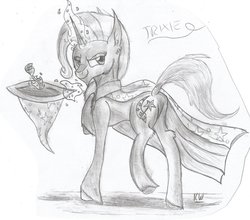 Size: 954x838 | Tagged: safe, artist:zeezou2, trixie, pony, unicorn, g4, butt, cape, clothes, female, hat, mare, monochrome, plot, signature, sketch, smiling, solo, the great and powerful ass, traditional art, trixie's cape, trixie's hat