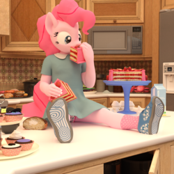 Size: 2000x2000 | Tagged: safe, artist:tahublade7, pinkie pie, earth pony, anthro, plantigrade anthro, g4, 3d, cake, clothes, cupcake, cute, diapinkes, dress, eating, female, filly, filly pinkie pie, food, high res, kitchen, microwave, milk, panties, shoes, silly panties, skirt, sneakers, socks, solo, table, underwear, upskirt, younger