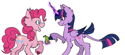 Size: 1025x457 | Tagged: safe, artist:spitfire-sos, pinkie pie, twilight sparkle, alicorn, pony, g4, biting pear of salamanca, colored wings, curved horn, horn, magic, multicolored wings, simple background, tail feathers, twilight sparkle (alicorn), white background