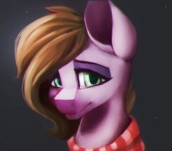 Size: 1050x923 | Tagged: safe, artist:minckies, oc, oc only, earth pony, pony, bust, clothes, dark background, earth pony oc, scarf, smiling, solo