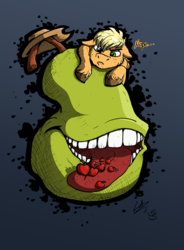 Size: 1596x2165 | Tagged: safe, artist:lupiarts, artist:snoopystallion, applejack, earth pony, pony, g4, apple, biting pear of salamanca, collaboration, cowboy hat, floppy ears, food, hat, pear, stetson, teeth, tongue out