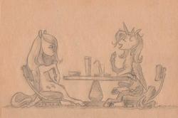 Size: 1000x662 | Tagged: safe, artist:adeptus-monitus, fluttershy, trixie, alicorn, pegasus, pony, g4, alicornified, drink, duo, hoof hold, looking at each other, monochrome, profile, race swap, sitting, table, traditional art, trixiecorn