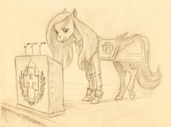 Size: 800x596 | Tagged: safe, artist:adeptus-monitus, fluttershy, pegasus, pony, fallout equestria, g4, clothes, folded wings, lectern, looking away, looking down, ministry mares, ministry of peace, monochrome, open mouth, speech, standing, traditional art, tribune