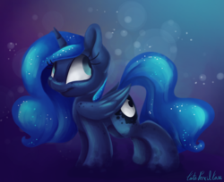 Size: 2482x2028 | Tagged: safe, artist:cutepencilcase, princess luna, alicorn, pony, g4, cute, female, high res, looking back, lunabetes, mare, missing accessory, signature, smiling, solo
