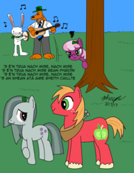 Size: 649x841 | Tagged: safe, artist:pheeph, big macintosh, cheerilee, marble pie, earth pony, pony, g4, bean phaidin, bodhrán, clover, crossover, female, four leaf clover, green, guitar, hat, irish, male, mare, music, sam and max, ship:marblemac, shipping, stallion, straight, tree