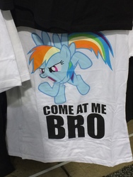 Size: 3264x2448 | Tagged: safe, rainbow dash, g4, angry, clothes, come at me bro, high res, merchandise, shirt, t-shirt, wondercon 2017