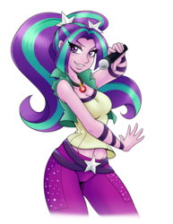 Size: 5100x6600 | Tagged: safe, artist:ambris, aria blaze, equestria girls, g4, my little pony equestria girls: rainbow rocks, absurd resolution, ariabetes, beautiful, belly button, belt, breasts, busty aria blaze, cleavage, clothes, colored pupils, cute, female, gem, jewelry, looking at you, microphone, midriff, moe, necklace, pendant, pigtails, siren gem, smiling, smiling at you, solo, twintails